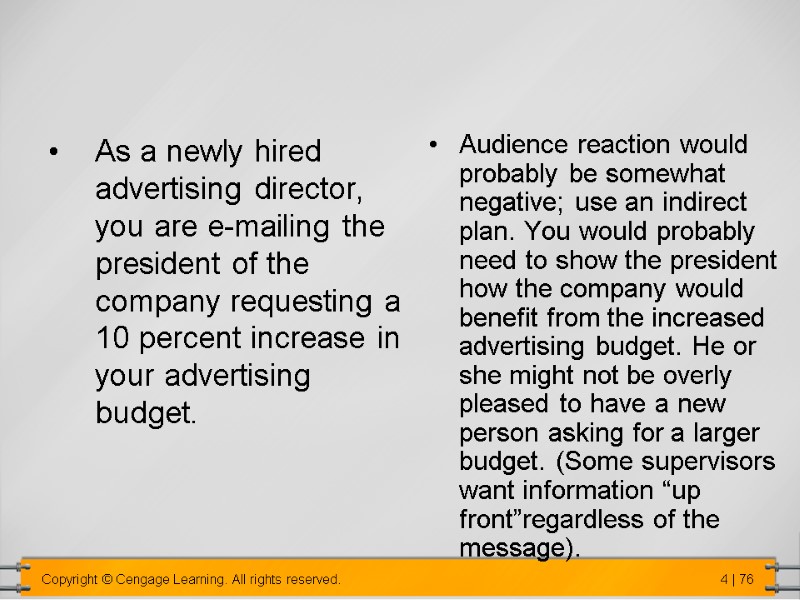 As a newly hired advertising director, you are e-mailing the president of the company